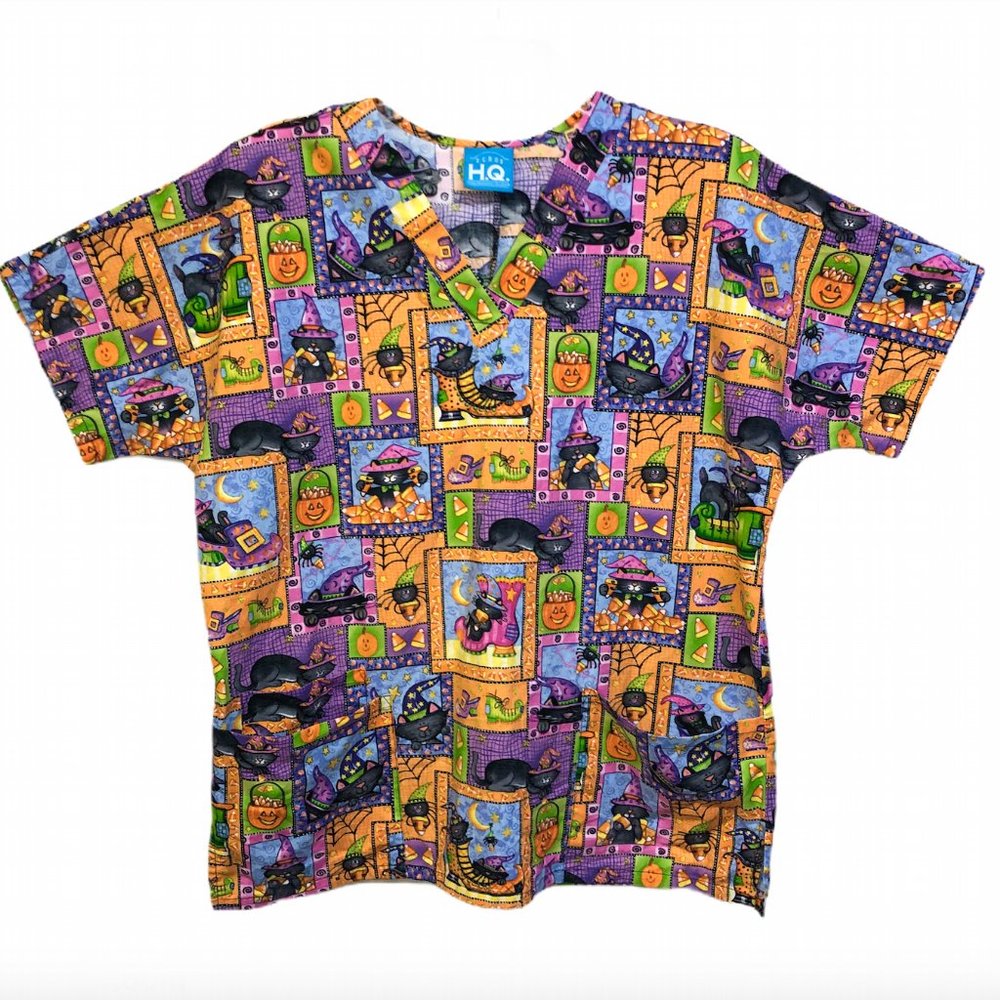 HQ Scrubs Small Halloween Pumpkin Black Cat Spider